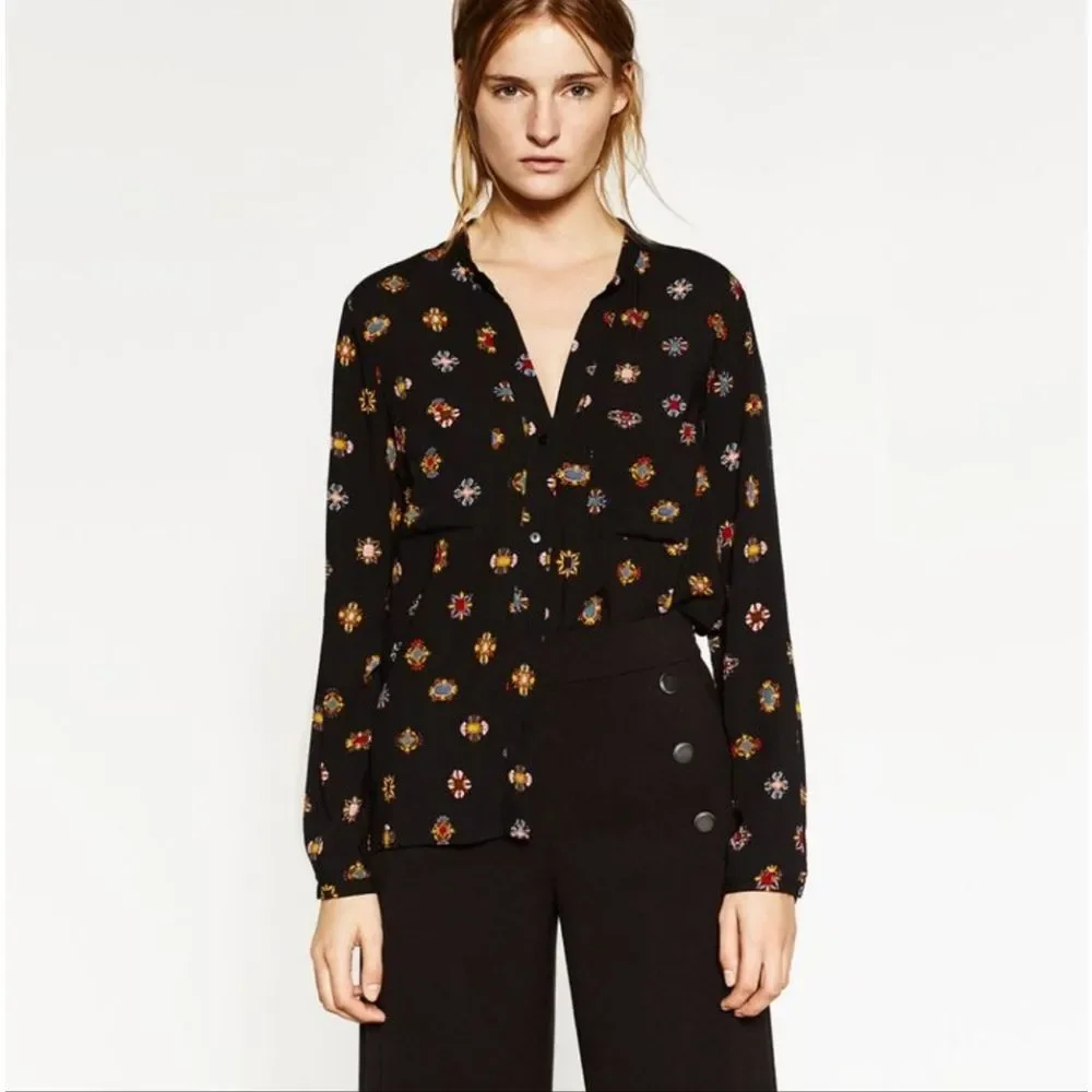 Zara -1824 Jewel Print‎ Button Up Shirt Long Sleeve Black Multicolor Medium